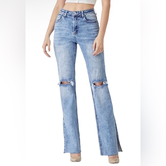 Risen Medium Wash High Waist, Straight-Side Slit Jeans, NWT, Distressed - Picture 1 of 8
